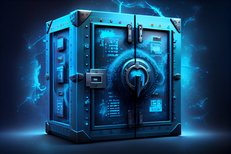 Cyber security concept and digital data protection with a locker in a blue background created with.generative aiの素材