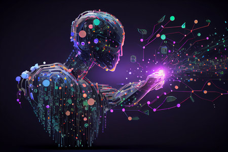 machine learning. Hand touch a robot on network and binary data.generative aiの素材