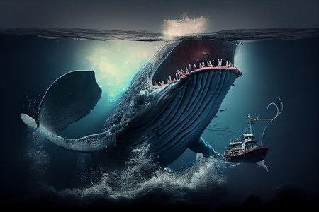 A giant whale kraken monster attacking a pirate ship in the dark ocean.generative aiの素材