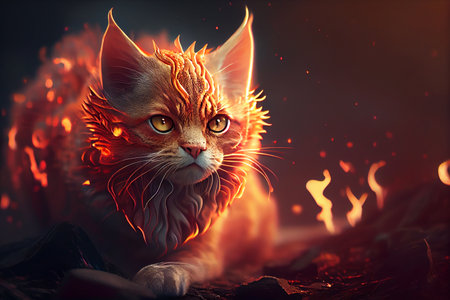 Cat red flaming dragon.generative aiの素材