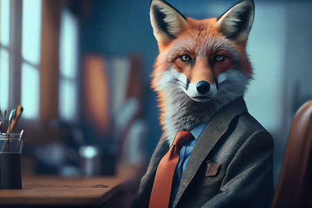 Portrait of fox in a business suit, at the office. generative aiの素材