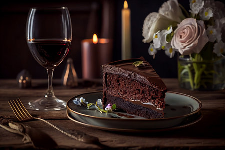 slice of chocolate cake on a plate with a glass of wine. generative aiの素材