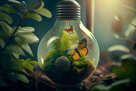 new green plant in a lightbulb with butterfly in sunlight, generative aiの素材