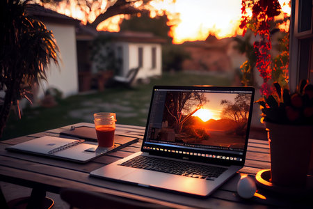 Sunset Home Office Working with Laptop on the Garden.generative aiの素材