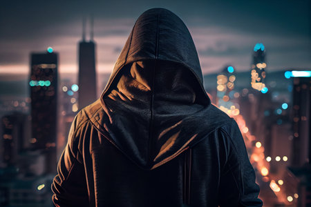 Hooded man in a hood looks at the city at night.generative aiの素材