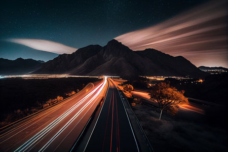 Night road lights. Lights of moving cars at night.generative aiの素材