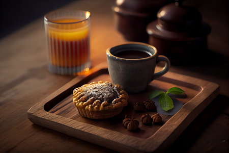 Cup of coffee and a croissant on a wooden tray.generative aiの素材