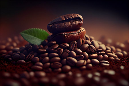 Coffee beans and roasted coffee beans on a brown background.generative aiの素材