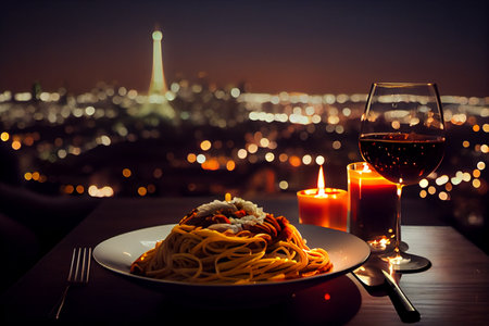 Spaghetti with seafood and wine on a background of the night city.generative aiの素材