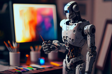 Artificial intelligence robot working on computer at home. Technology and innovation concept. generative aiの素材