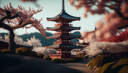 Japanese pagoda with cherry blossom in Tokyo, Japan.generative aiの素材