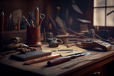 Close-up of carpenters tools on workbench in workshop.generative aiの素材