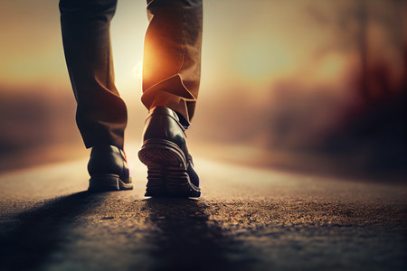 Close up of man's feet walking on the road at sunset.generative aiの素材