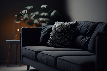 Modern black leather sofa with pillows on dark background.generative aiの素材