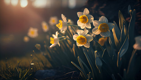 Daffodils in the garden at sunset. spring flowers generative aiの素材