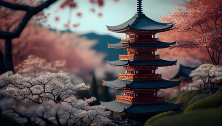 Japanese pagoda with cherry blossom in Tokyo, Japan.generative aiの素材