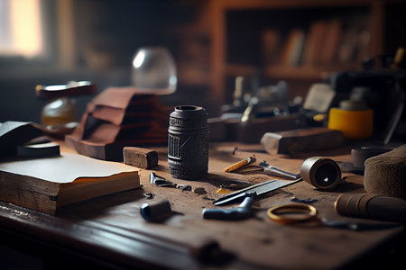 Close-up of carpenters tools on workbench in workshop.generative aiの素材