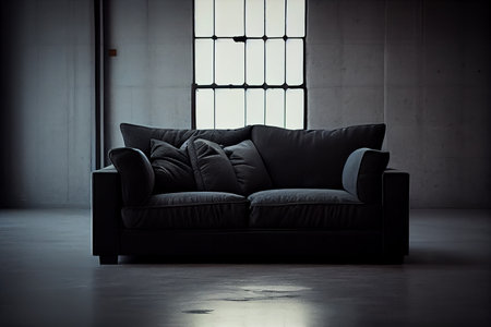 Modern black leather sofa with pillows on dark background.generative aiの素材