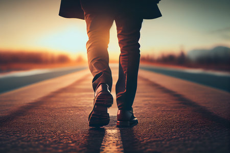 Close up of man's feet walking on the road at sunset.generative aiの素材