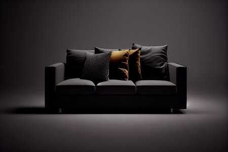 Modern black leather sofa with pillows on dark background.generative aiの素材
