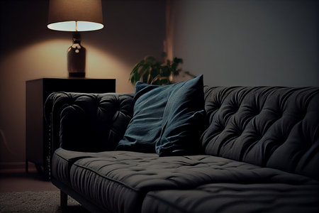 Modern black leather sofa with pillows on dark background.generative aiの素材