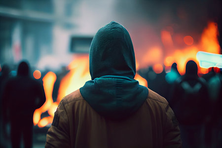 A man in a hood standing in front of a burning fireplace at night.generative aiの素材