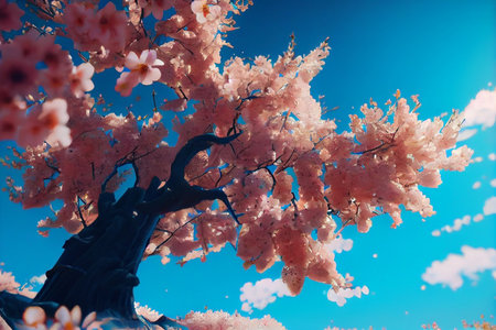 Cherry blossoms in full bloom on blue sky background..generative aiの素材