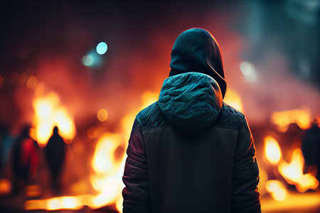 A man in a hood standing in front of a burning fireplace at night.generative aiの素材