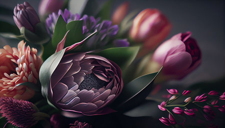 Bouquet of beautiful flowers on a dark background.generative aiの素材