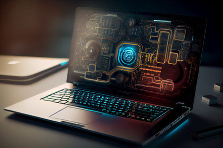 Laptop with circuit board on the screen.generative aiの素材