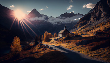 Fantasy landscape with church in the mountains.generative aiの素材