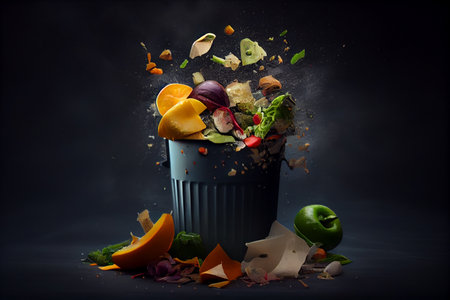 Falling fruits and vegetables in a trash can on a dark background.generative aiの素材