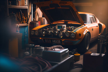 retro car. Vintage car in garage.generative aiの素材