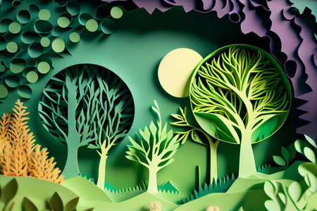 Paper art landscape with trees and plants. Paper craft style.generative aiの素材