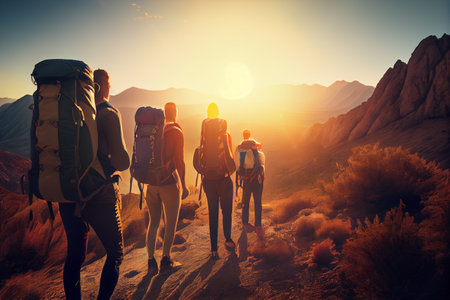Hiking couple with backpacks in mountains at sunset.generative aiの素材