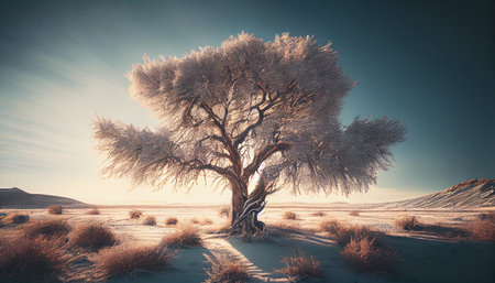Fantasy winter landscape with snow-covered trees and mountains. generative aiの素材