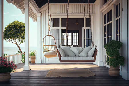 Wooden swing on the terrace overlooking the sea.generative aiの素材