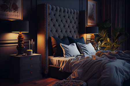 Interior of a modern bedroom with a double bed and a lamp.generative aiの素材