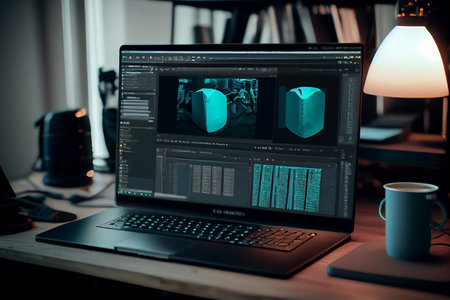 Cyber security concept with shield on computer screen in office.generative aiの素材