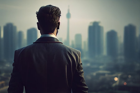 Back view of young businessman standing in front of window and looking at city.generative aiの素材