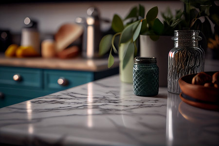 Plum, lemon and basil on a marble table in the kitchen. generative aiの素材