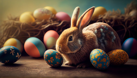 Easter bunny and colorful eggs on wooden background. Happy Easter concept. generative aiの素材