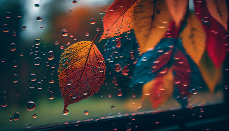 Drops of water on glass with autumn leaves, close-up. generative aiの素材