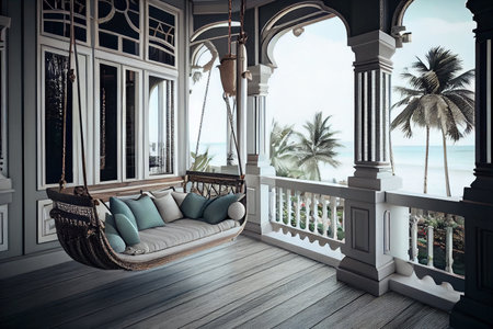 Wooden swing on the terrace overlooking the sea.generative aiの素材