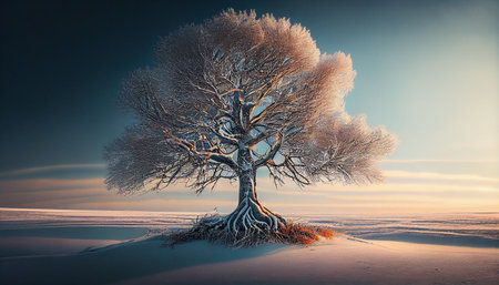 Fantasy winter landscape with snow-covered trees and mountains. generative aiの素材