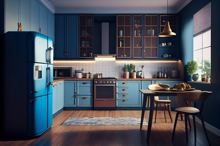 Interior of modern kitchen with white brick walls, wooden floor, dark gray countertops and wooden cupboards.generative aiの素材