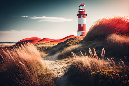 Lighthouse in dunes at sunset.generative aiの素材