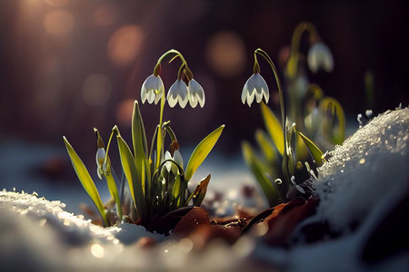 Beautiful snowdrop flowers in the snow. First spring flowers. generative aiの素材