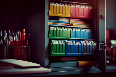 Office cabinet with file folders and stationery.generative aiの素材