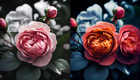 collage of beautiful roses in different shades of pink and blue on a dark background.generative aiの素材